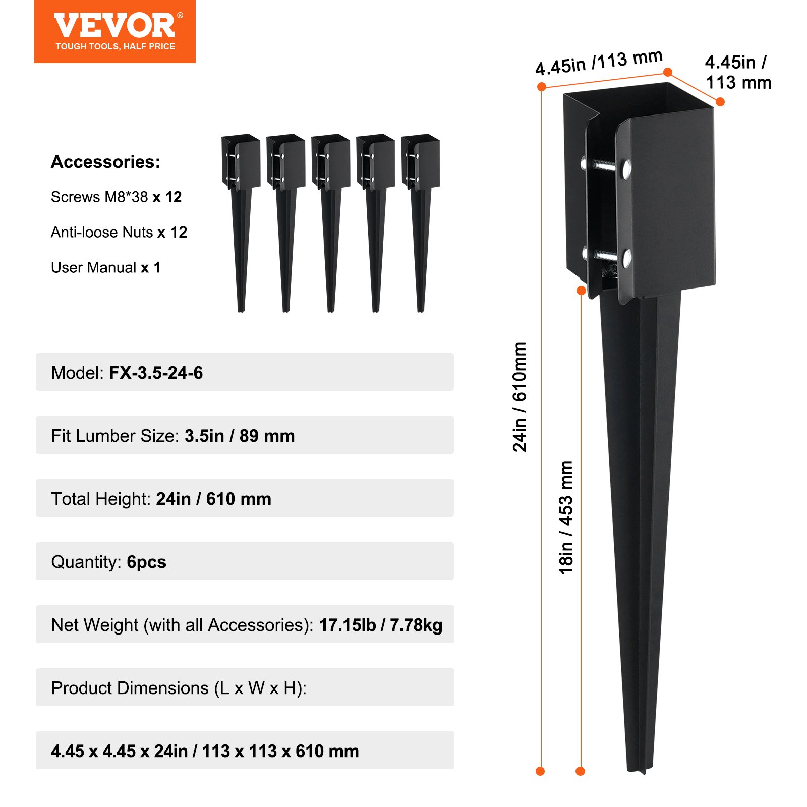 Ground Anchor For Fence Posts Black Powder Coated 6 Pack_voghion.com