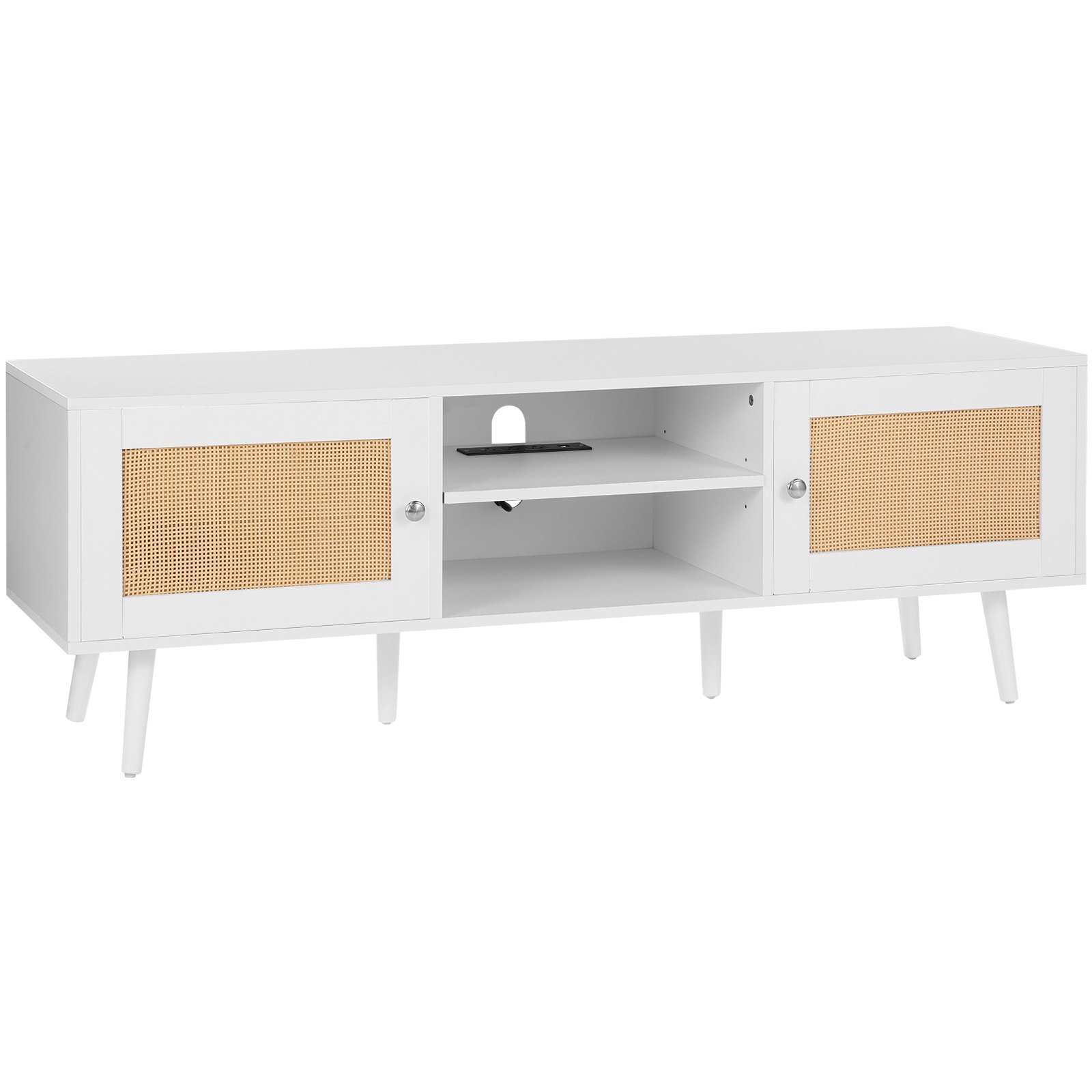 TV-Ständer aus Rattan – Boho-TV-Schrank mit Rattantür, integrierter Steckdose und USB-Anschlüssen, moderne TV-Konsole für Wohnzimmer und Medienraum_voghion.com