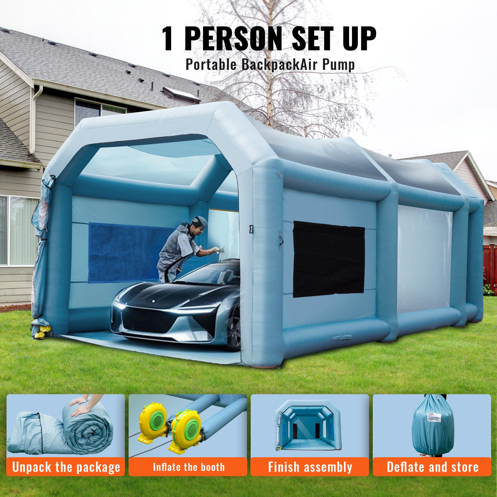 Tragbares Aufblasbares Farbzelt Für Sprühmalerei 480 + 950 W, 6,8 X 3,5 X 2,8 M Sprühschutz Farbkabine Für DIY-Projekte, Hobby-Farbautomaten-Werkzeug, Blau 210D Oxford-Gewebe Auto Lackierkabine