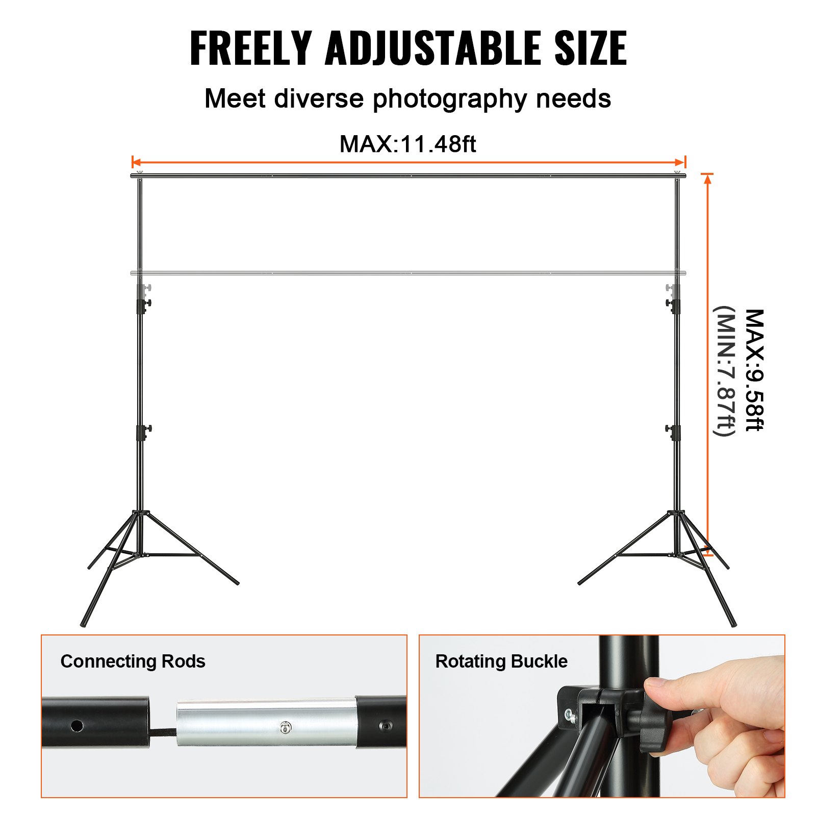 Fotohintergrund – 2900 x 3500 mm Hintergrundstoffgröße, Studio-Requisiten mit 2 Dreieckhaltern, verstellbare Teleskophöhe 2400–2920 mm_voghion.com