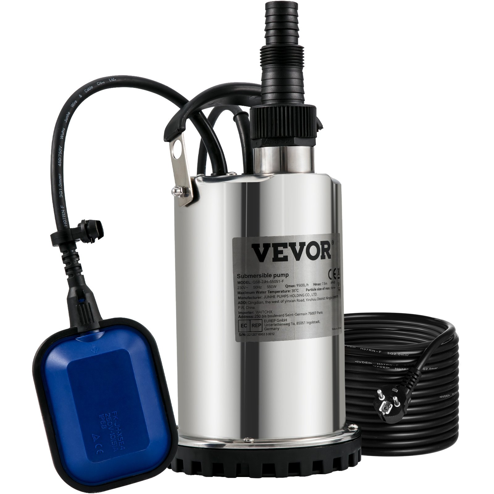Schmutzwasserpumpe 550W Tauchpumpe 230V Gartenpumpe Durchfluss 9500L/h Schmutzwassertauchpumpe IPX8 Auslass Zuschneidbar Zum Pumpen Von Wasser Aus Schwimmbädern Teichen Kellern - Image 1