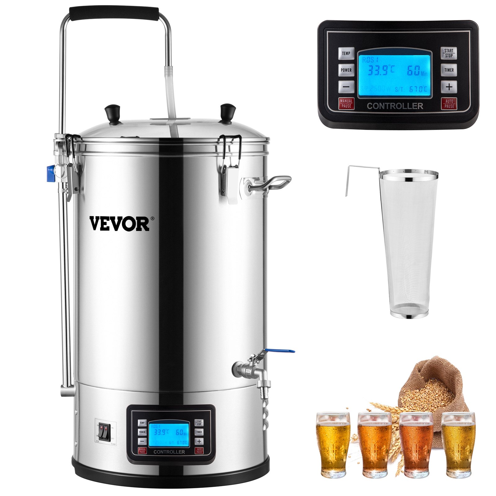 Elektrisches Brühsystem, 35 L Brühtopf, All-in-One Bierbrauer Mit Pumpe, Kochgerät Mit Panel, Auto/Manueller Modus 100-1800 W Leistung 25-100 ℃ Temperatur 1-180 Min Timer Rezeptspeicher - Image 1
