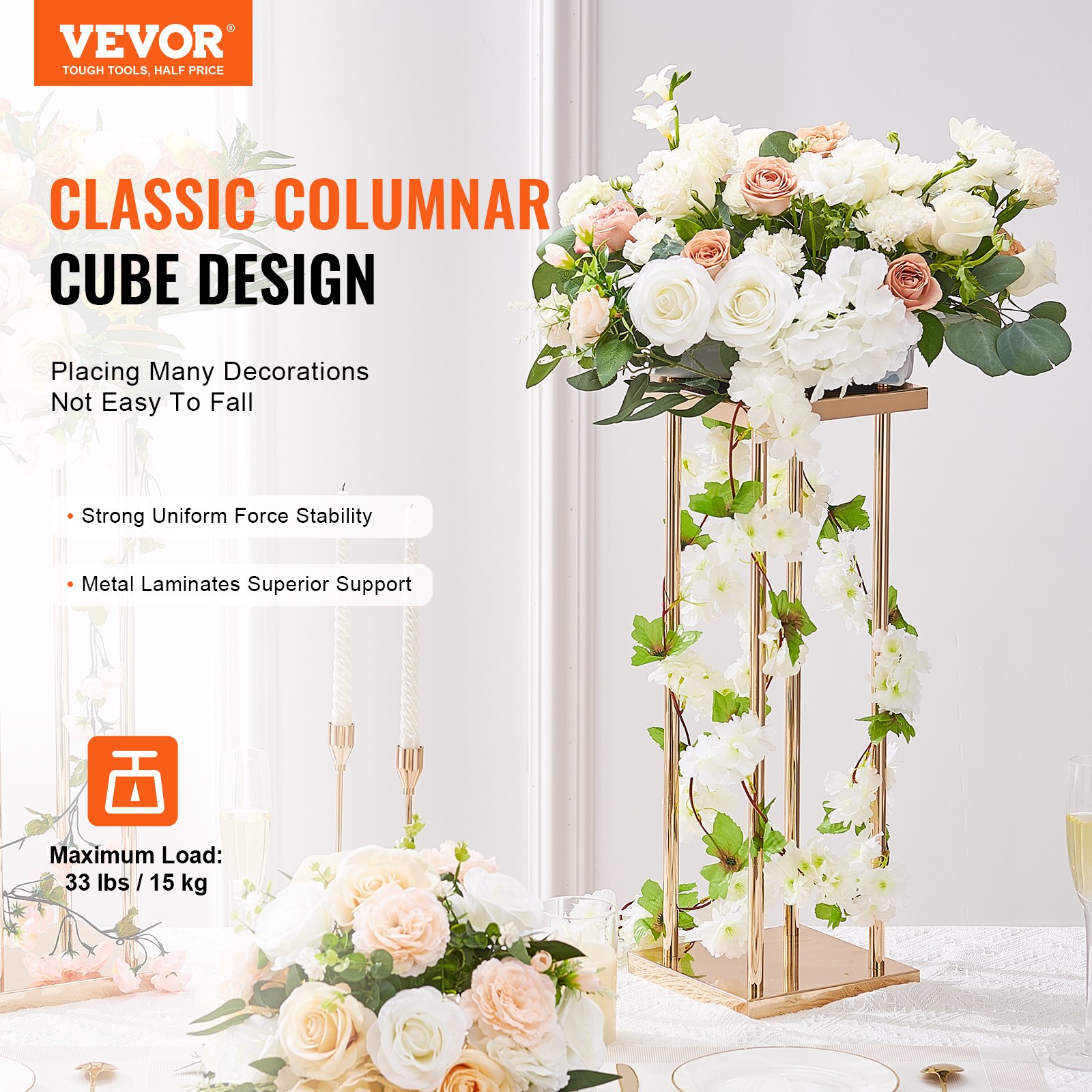 Blumenständer-Set – 4-teiliges quadratisches Blumenständer-Set, 20 x 20 x 60 cm, Beistelltisch aus Eisen, moderne goldverzinkte Pflanzenständer für Bars, Hotels, Cafés_voghion.com