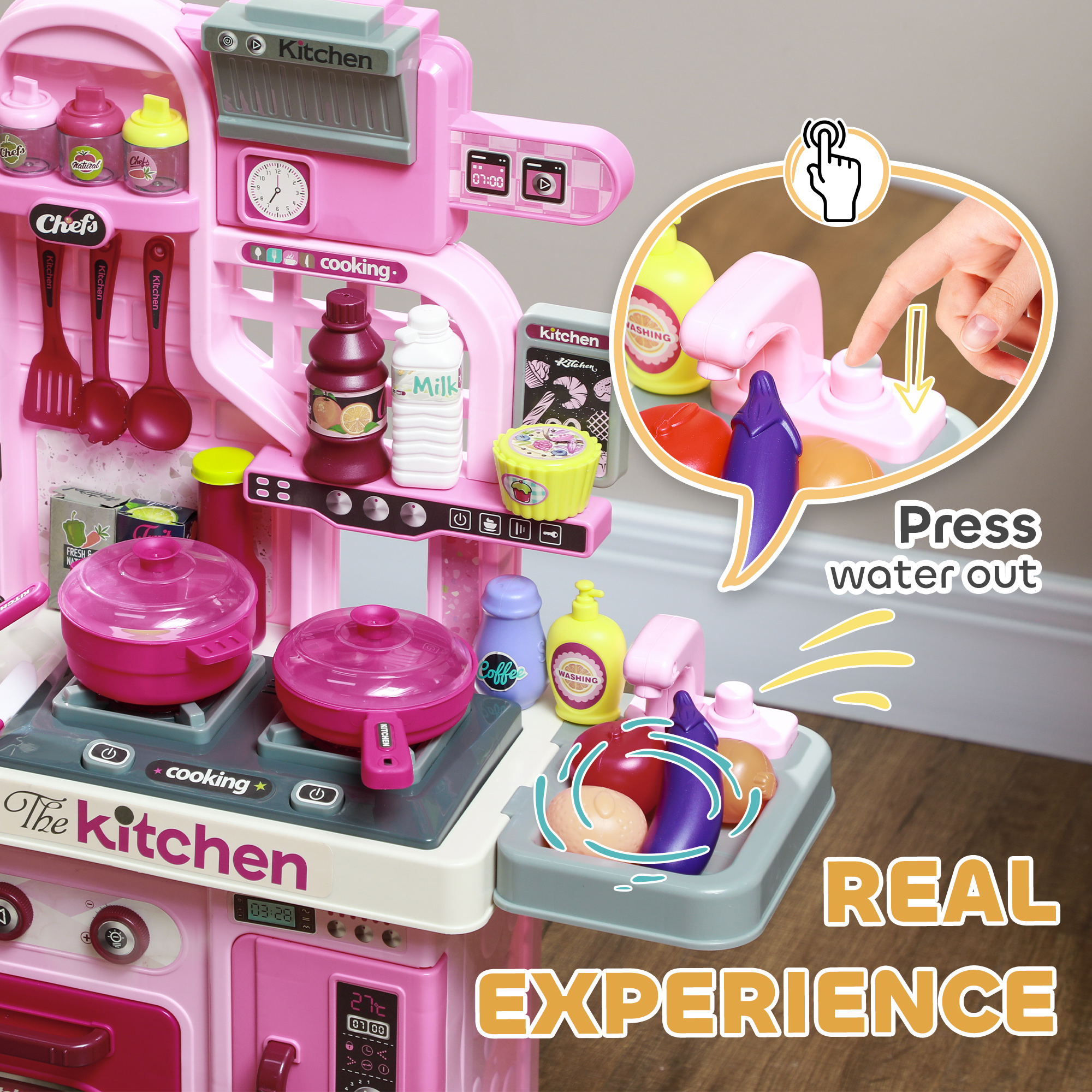 Kids Kitchen With 33 Pieces, Lights, Sounds, Storage, For Ages 3-6 Years, Pink — image 2