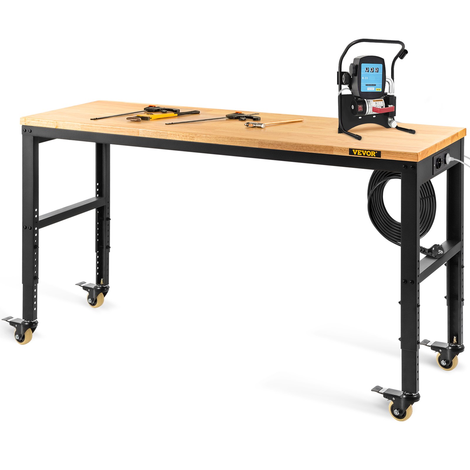 Werkbank, Höhenverstellbar, 122 Cm L X 61 Cm B X 104 Cm H, Garagentisch Mit 79 Cm – 104 Cm Höhe, 725,7 Kg Kapazität, Mit Steckdosen Und Hartholzplatte Und Metallrahmen & Drehgelenk Rolle - Image 1
