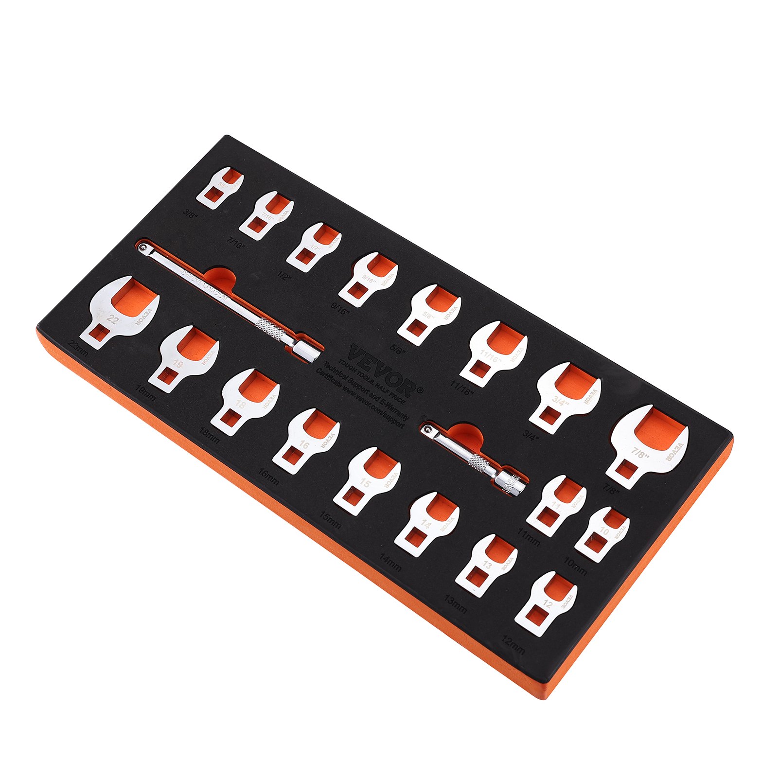 Crowfoot-Schlüsselsatz, 9,525 Mm Antrieb, 20-teiliger Crowsfoot-Schlüsselsatz Mit 2 Verlängerungsstangen Und EVA-Werkzeug-Organizer, SAE 3/8-2.22cm Und Metrisch 10-22mm, 40CR-Material