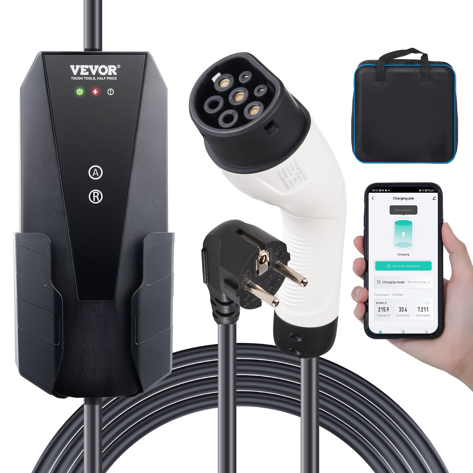 Tragbares Ladekabel für Elektrofahrzeuge, 3,68 kW, Typ 2 (IEC62196) CEE 7/7 Stecker, 8–16 A, 1-phasig, 8,6 m Kabellänge, IP66 wasserdichte Wanddose_voghion.com