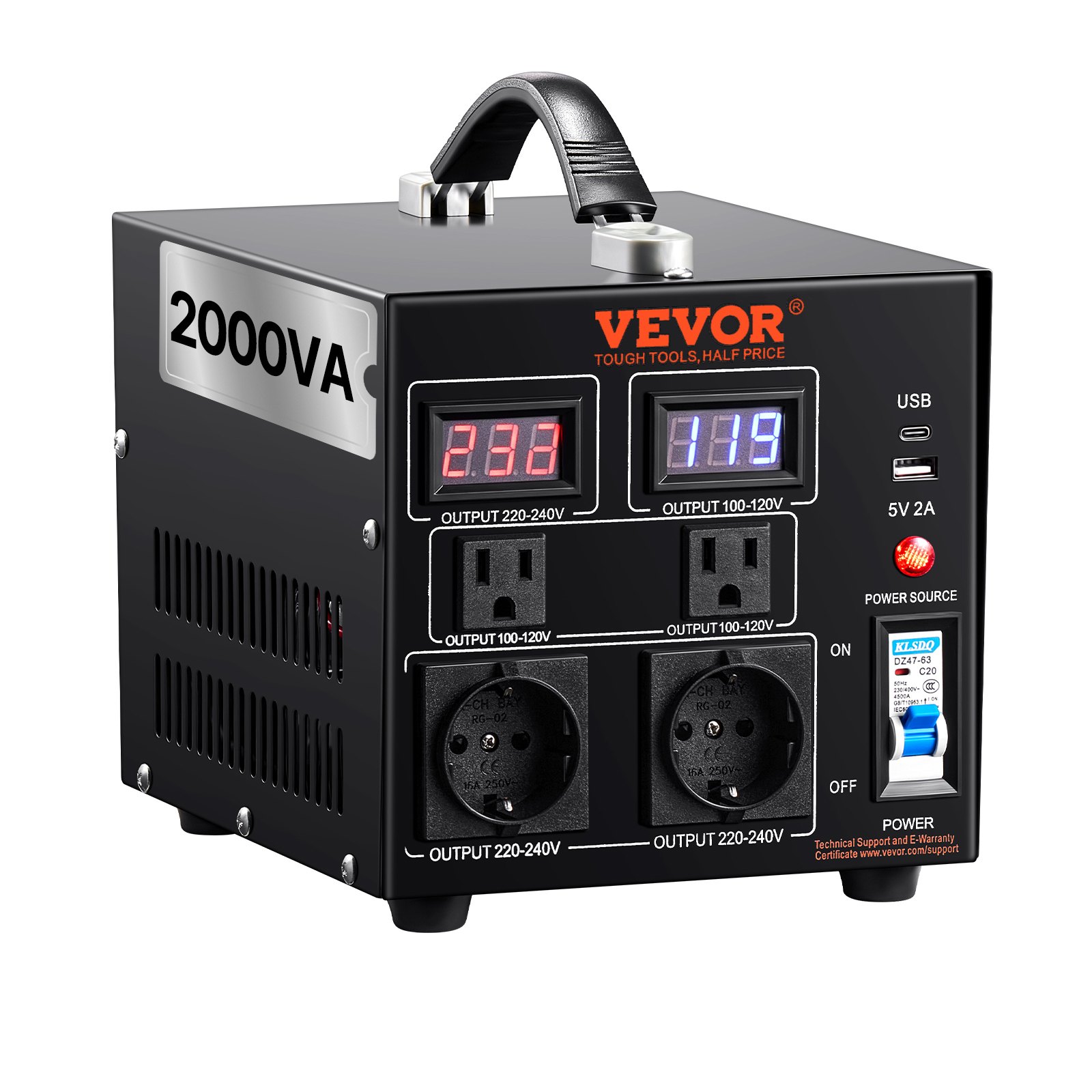 2000W Spannungswandler Transformator AC 110V⇋220V Transformer Wandler 2x US NEMA 5-15R 3-polige/2x Standardmäßige Europäische Shucko-Ausgangssteckdosen, 1x 5V-USB-Anschluss, 1x Typ-C-Buchse