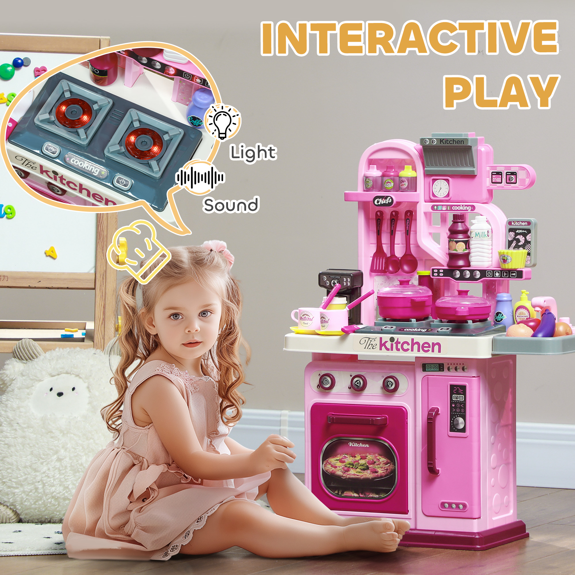Kids Kitchen With 33 Pieces, Lights, Sounds, Storage, For Ages 3-6 Years, Pink — image 4