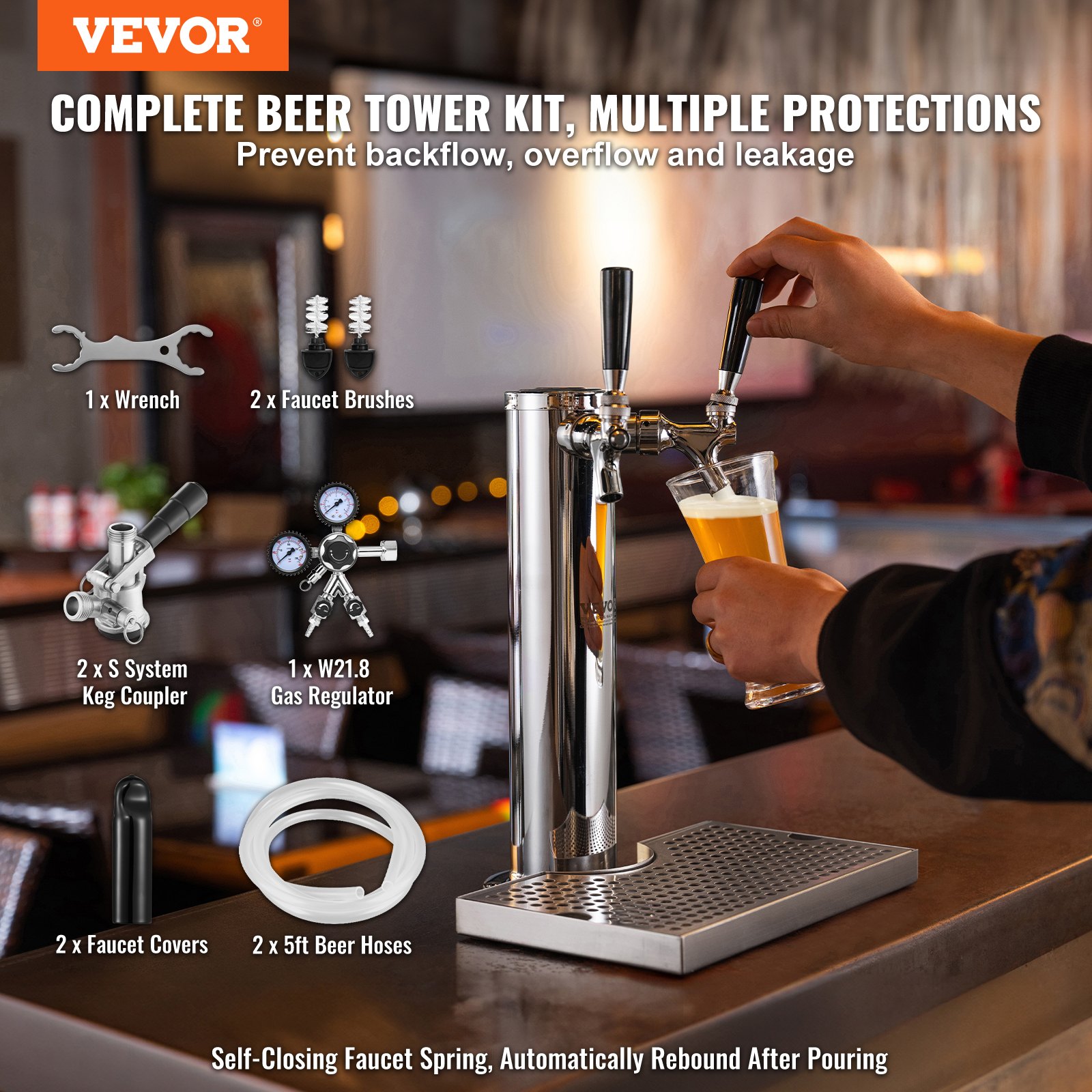 Kegerator-Turm-Kit, Bier-Umrüstsatz Mit 2 Zapfhähnen, Bier-Turmspender Aus Edelstahl Mit Doppelmessgerät W21.8-Regler Und S-System-Fasskupplung, Bier-Tropfschale Für Partys Zu Hause