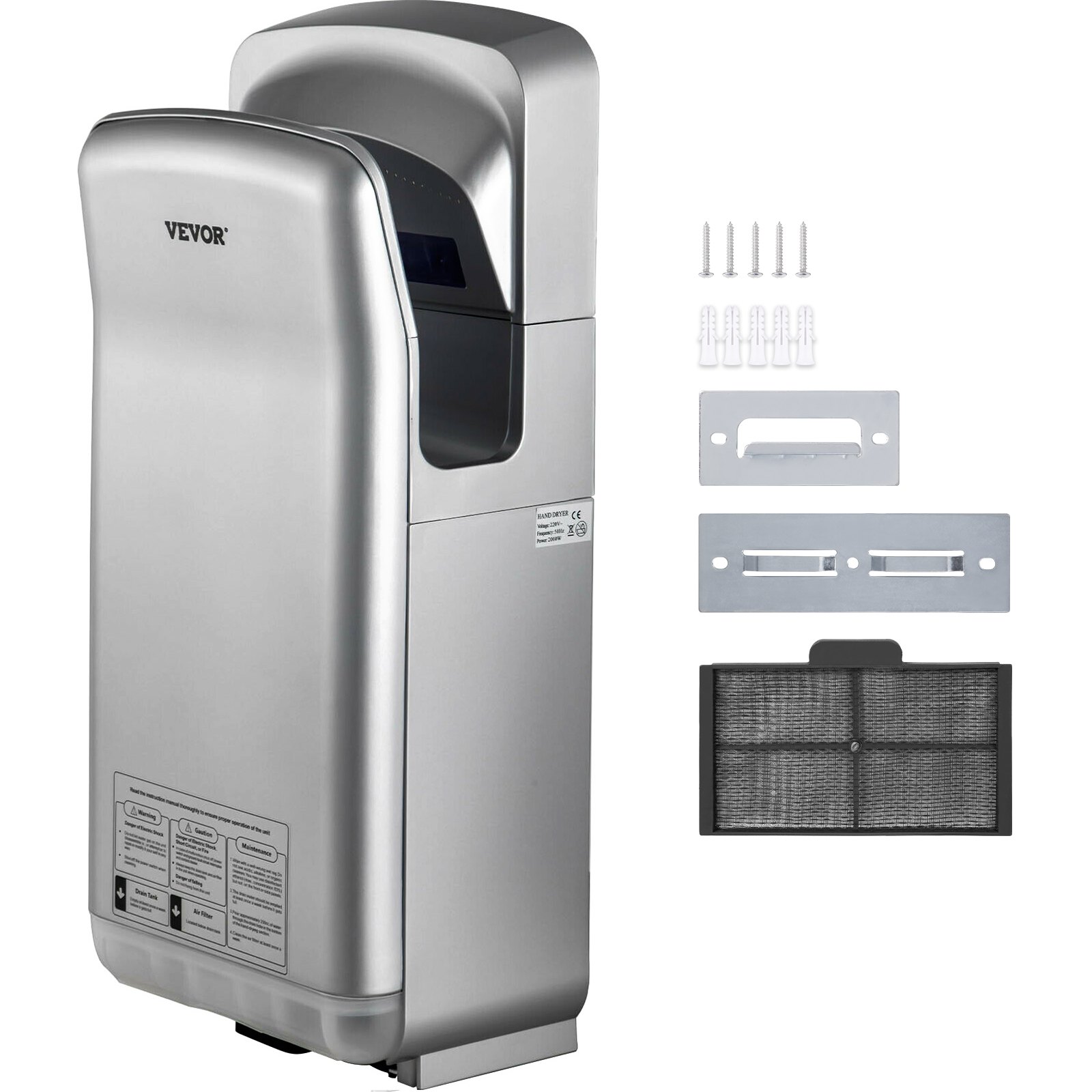 Händetrockner 2kW Kommerzieller Elektrischer Händetrockner HEPA-Filter Wandhandtrockner Luftgeschwindigkeit 100m/s Händeföhn 8 -10 Sekunden Zum Trocknen Silber Für Flughäfen Büros Schulen Usw. - Image 1