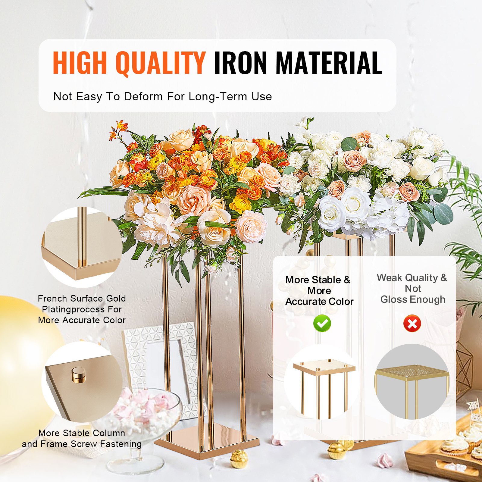 Blumenständer-Set – 4-teiliges quadratisches Blumenständer-Set, 20 x 20 x 60 cm, Beistelltisch aus Eisen, moderne goldverzinkte Pflanzenständer für Bars, Hotels, Cafés_voghion.com