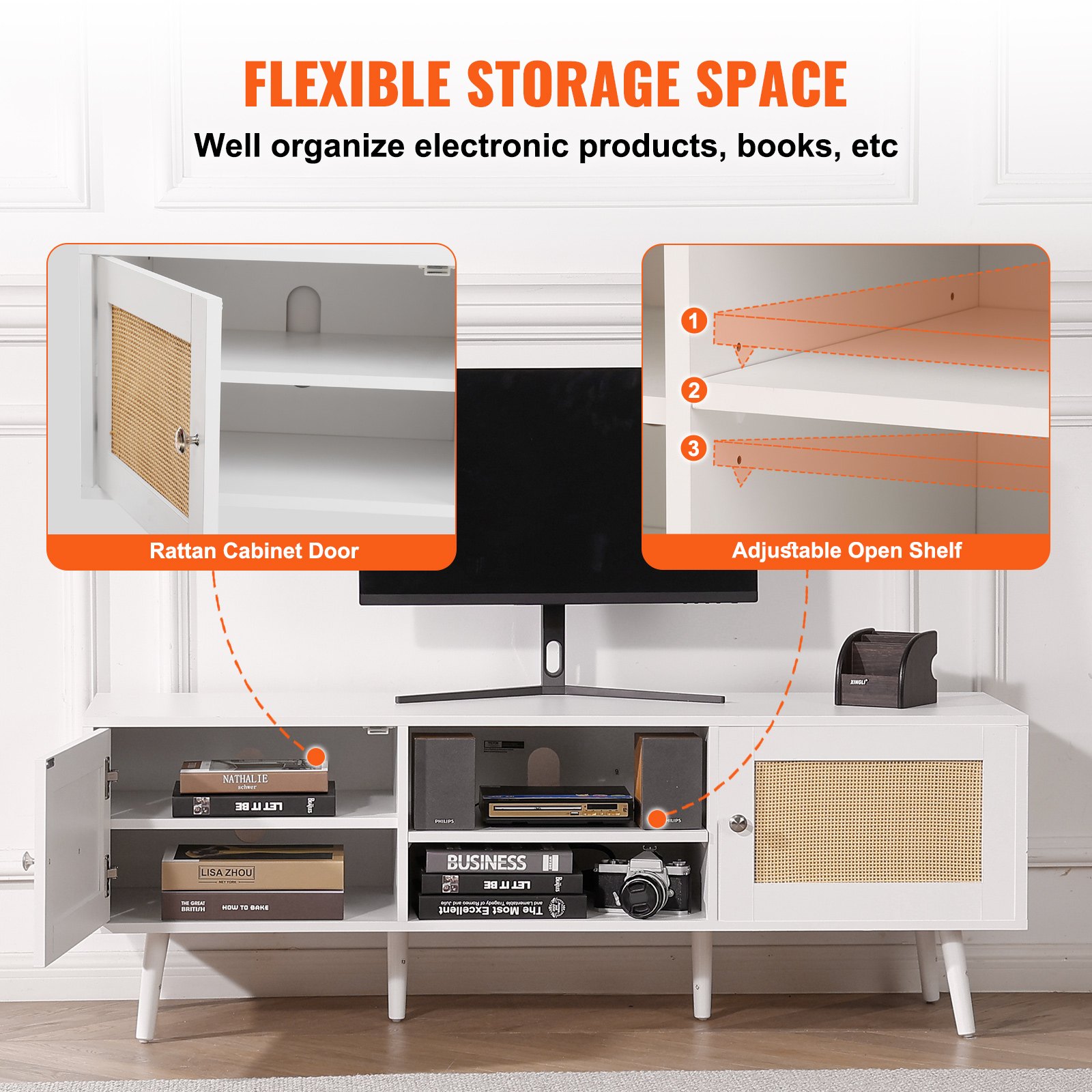 TV-Ständer aus Rattan – Boho-TV-Schrank mit Rattantür, integrierter Steckdose und USB-Anschlüssen, moderne TV-Konsole für Wohnzimmer und Medienraum_voghion.com