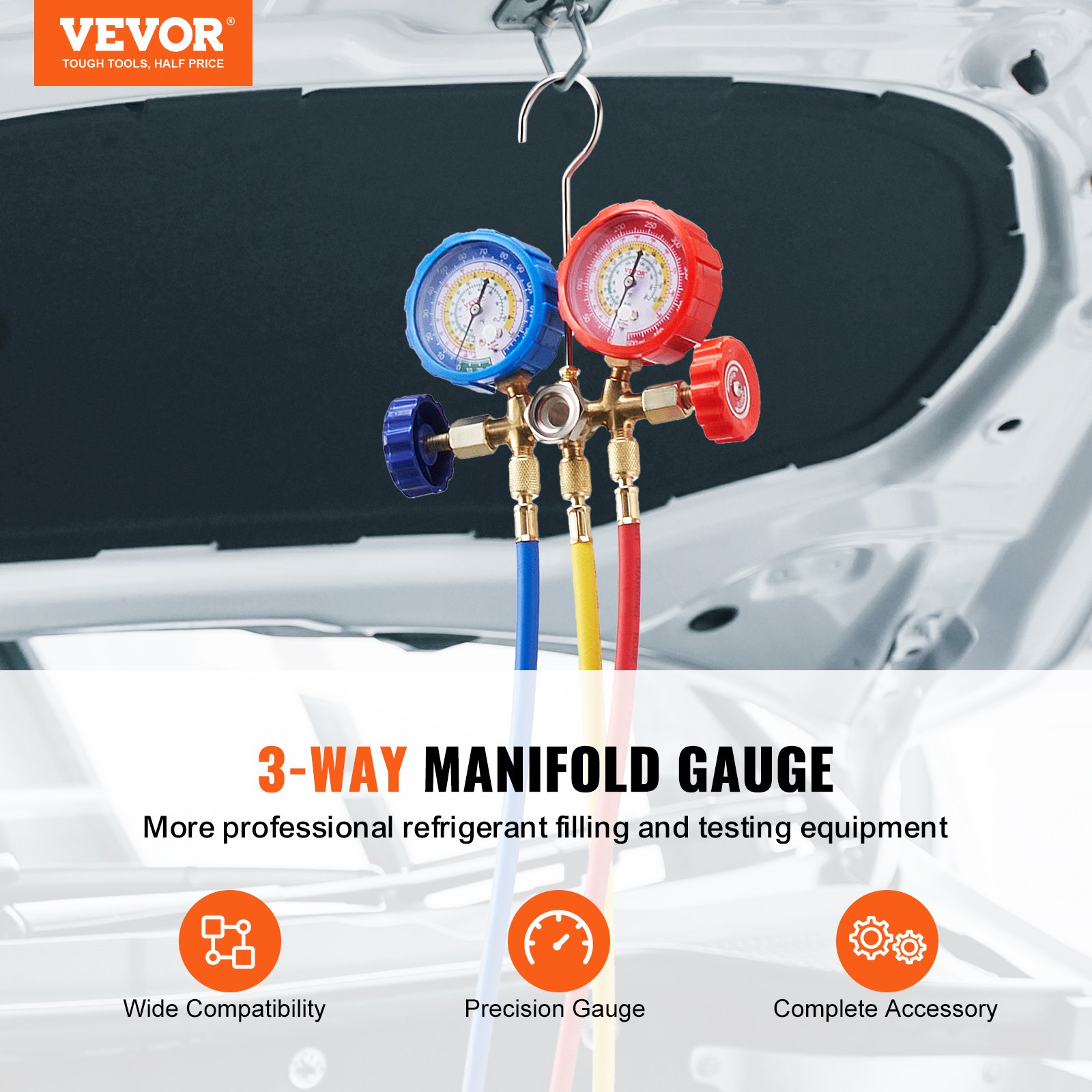 Kältemittel Manometer 3-Wege Auto Kältemittel Verteiler Messgeräteset R134A-R22-R12-R502 Ac 4 Stk。 1,52 M Ladeschläuche Kältemittel Manometer