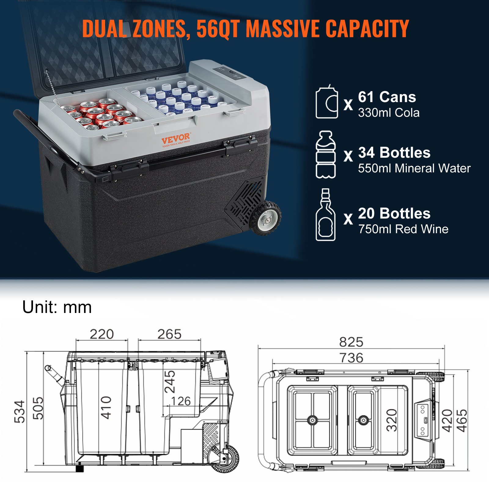 Camping Kühlschrank 53 L Kühlbox, 12 / 24 V Rollbare Elektrische Gefrierbox 2 In 1 Doppelzone, Auto Kühlschrank Kompressor Zum Warmhalten Und Kühlen 60 W Tragbar Handgriff Boot, Lkw, Mobil Grau