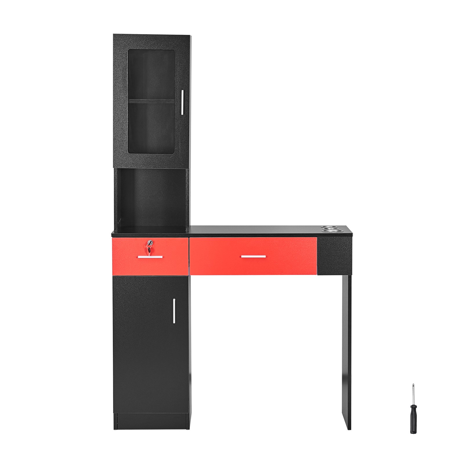 Salonstation, Wandmontage, Friseursalonstation Für Friseure, Beauty-Spa-Möbelset, 1 Lagerschrank, 3 Fächer Und 2 Schubladen (eine Abschließbar), Schwarz Und Rot, 102,8 X 30 X 170 Cm - Image 1
