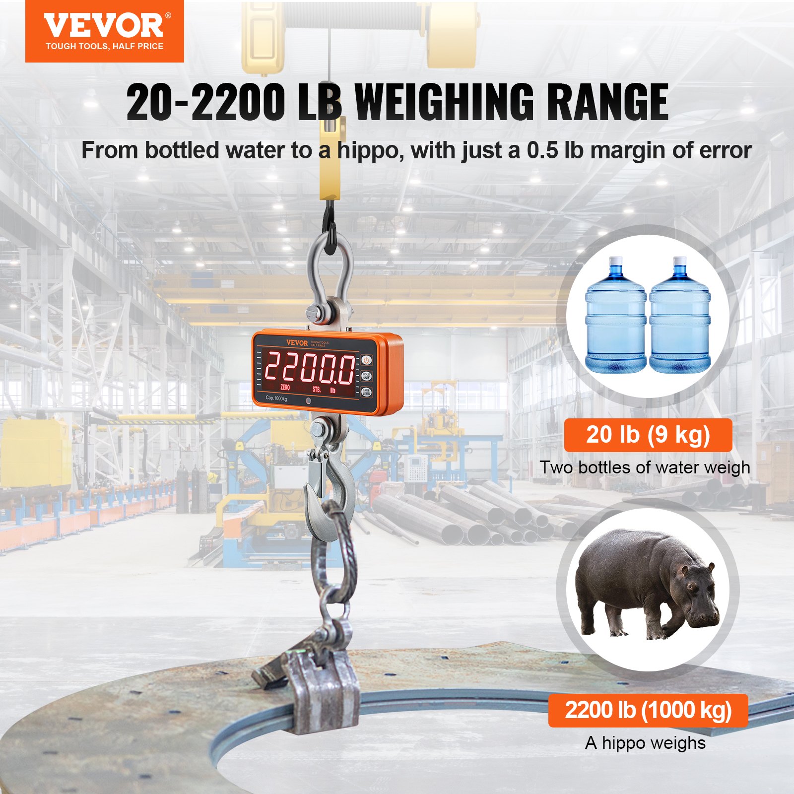 Digitale Hängewaage 9 Bis 1000kg Kranwaage Lbs/kg/N Zugwaage  0,2kg Genauigkeit Wildwaage Industriewaage LED-Display Hängende Waage Mini Tragbare Waage Mit Fernbedienung 9 Funktionen