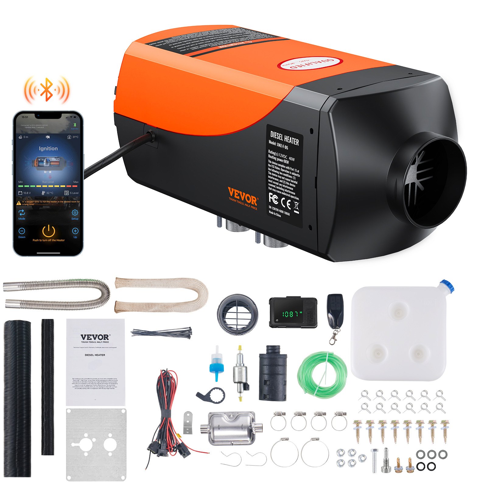 Luft Dieselheizung Standheizung 12V 8KW, Luftheizung Air Diesel Diesel Standheizung Lufterhitzer, 0,16–0,62 L/Std. Dieselheizung Mit LCD-Display & Fernbedienung & Bluetooth-APP