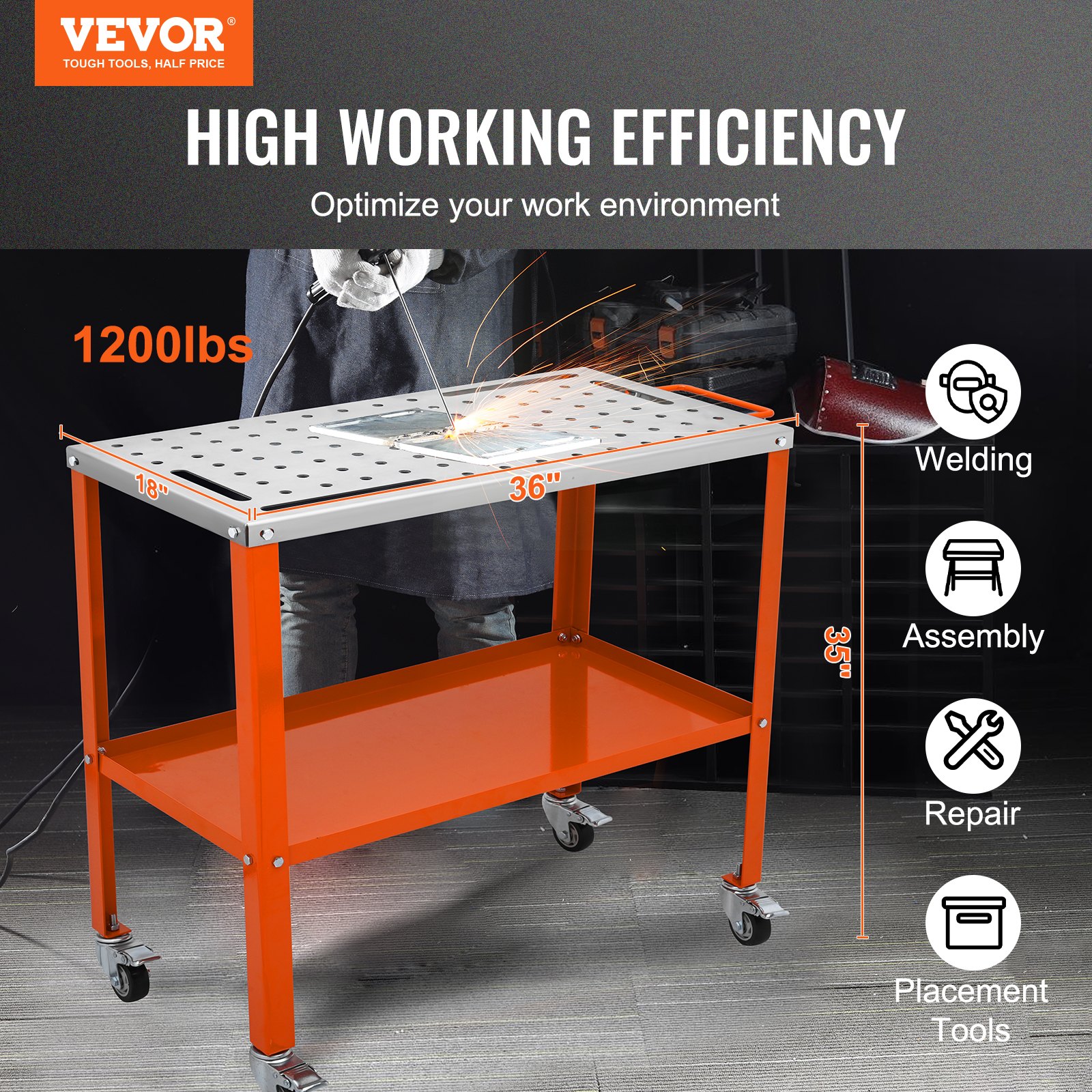 Mobiler Schweißtisch 91,4x45,7cm Schweißwerkbank 544kg Tragfähigkeit Lochtisch 94 Löcher (φ 1,6cm) Werkbank Kohlenstoffstahl Arbeitstisch Schweißwagen Mit Rädern 4 Werkzeugschlitzen_voghion.com