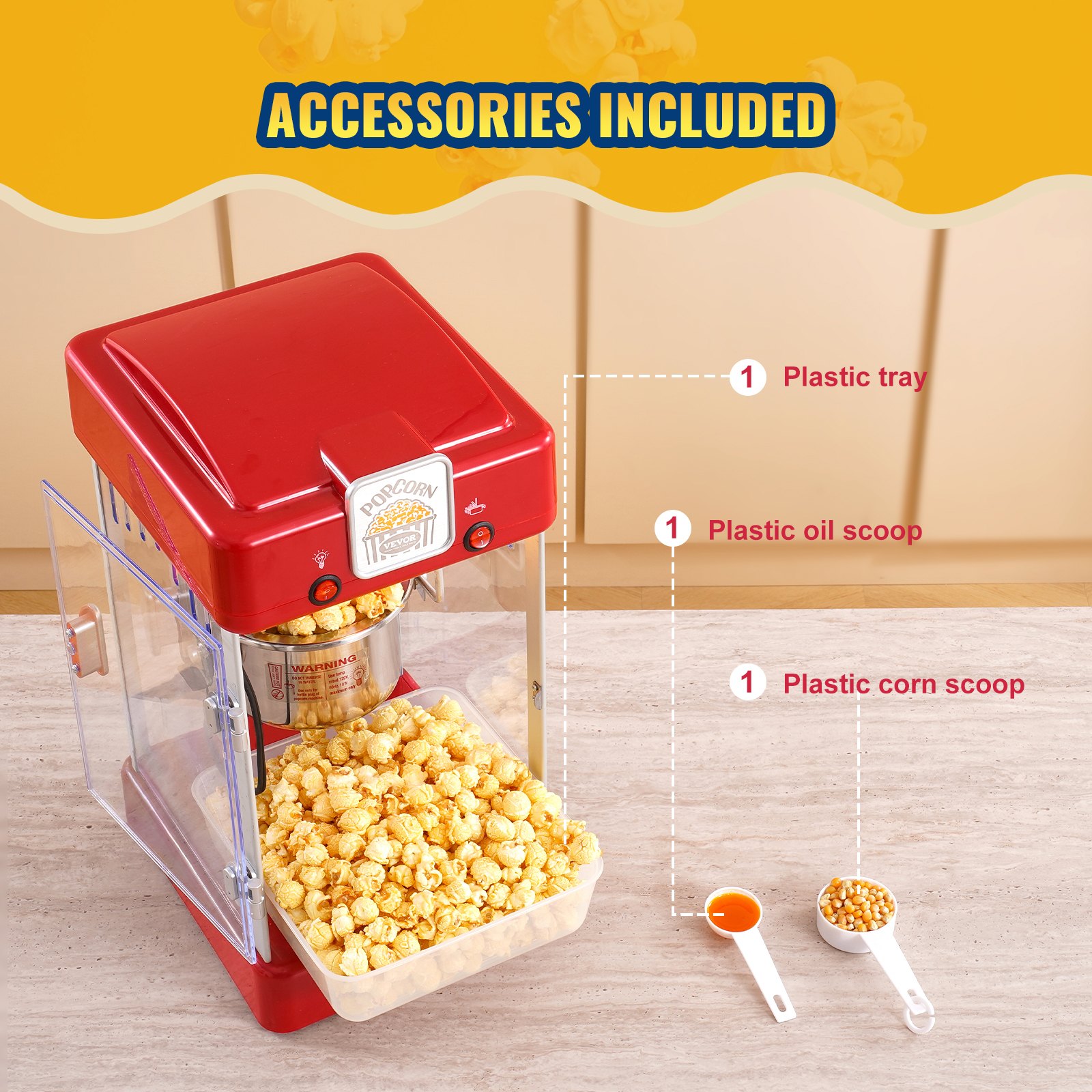 Popcornmaschine – 300 W, 70-ml-Wasserkessel für 4 Liter Popcorn pro Portion, Tischgerät mit PP-Tür, inklusive 2 Spateln und Tablett, Kino-Design, Rot_voghion.com