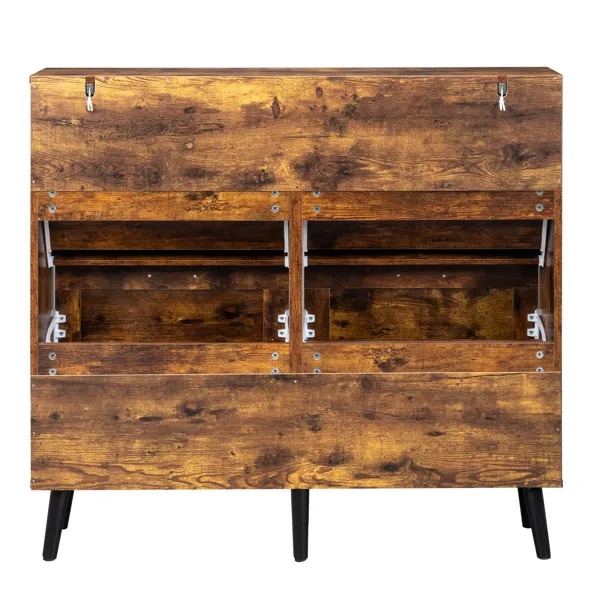 Barn Door With 4 Flip-down Drawers, Black Metal Single-sided Handle + Melamine Particleboard + Black Solid Wood Plastic-sealed Tapered Legs. Shoe Cabinet, 106*24*98cm, Rotten Wood Color 4