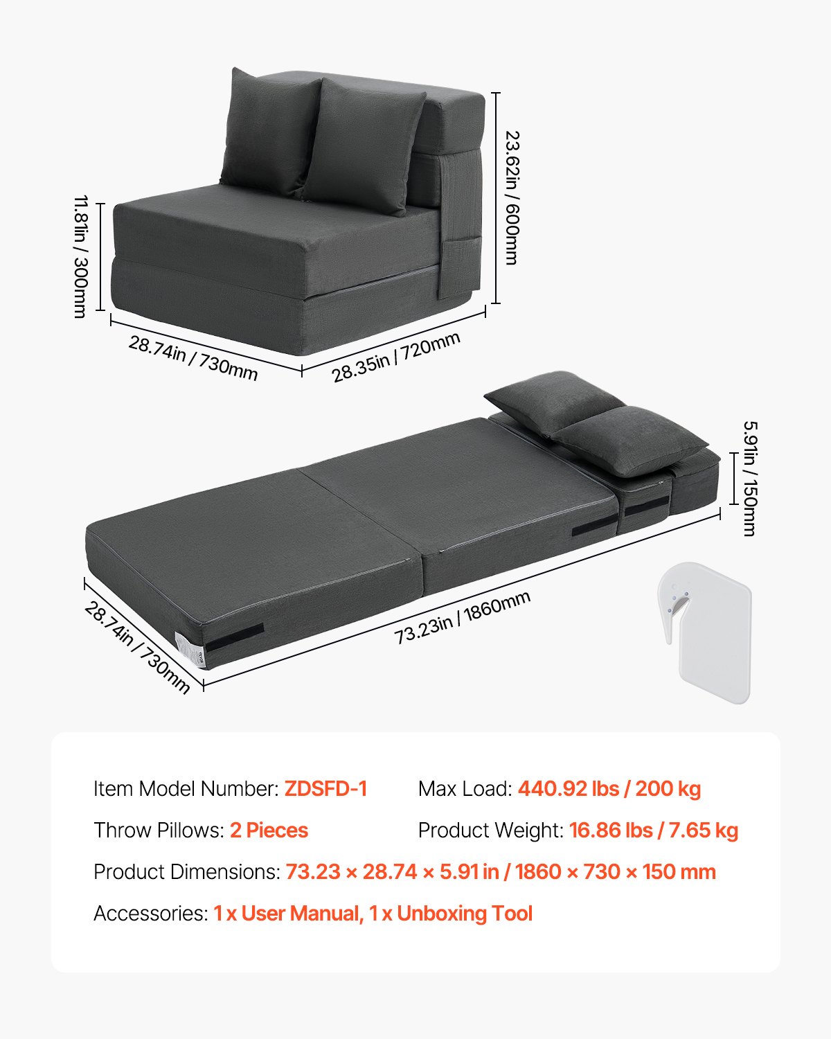 Schlafsofa Mit 2 Kissen Und Waschbarem Memory-foam-bezug_voghion.com