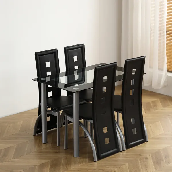 [Same Code: D0102H26NXU] 5 Pieces Dining Table Set For 4, Kitchen Room Tempered Glass Dining Table, 4 Chairs, Black, Table Legs Are Silvery 3