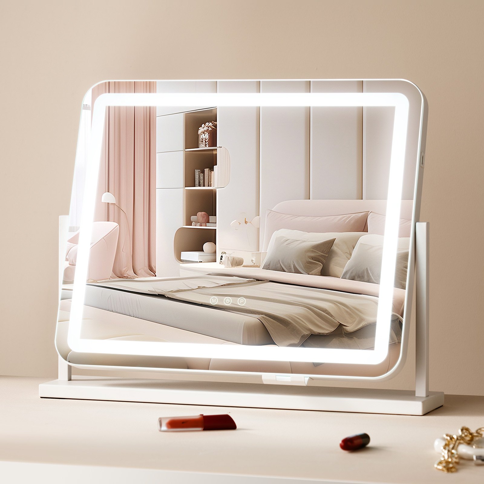 Hollywood Schminkspiegel Mit Beleuchtung, Kosmetikspiegel Mit 3 Farbbeleuchtungsmodi, Schminkspiegel Mit LEDs & 5-facher Vergrößerung, USB, Smart-Touch-Steuerung, 360°-Drehbar, 547x447mm