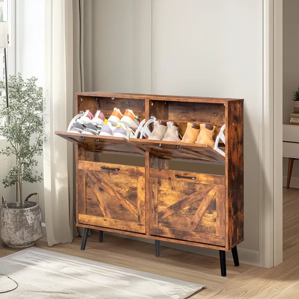 Barn Door With 4 Flip-down Drawers, Black Metal Single-sided Handle + Melamine Particleboard + Black Solid Wood Plastic-sealed Tapered Legs. Shoe Cabinet, 106*24*98cm, Rotten Wood Color