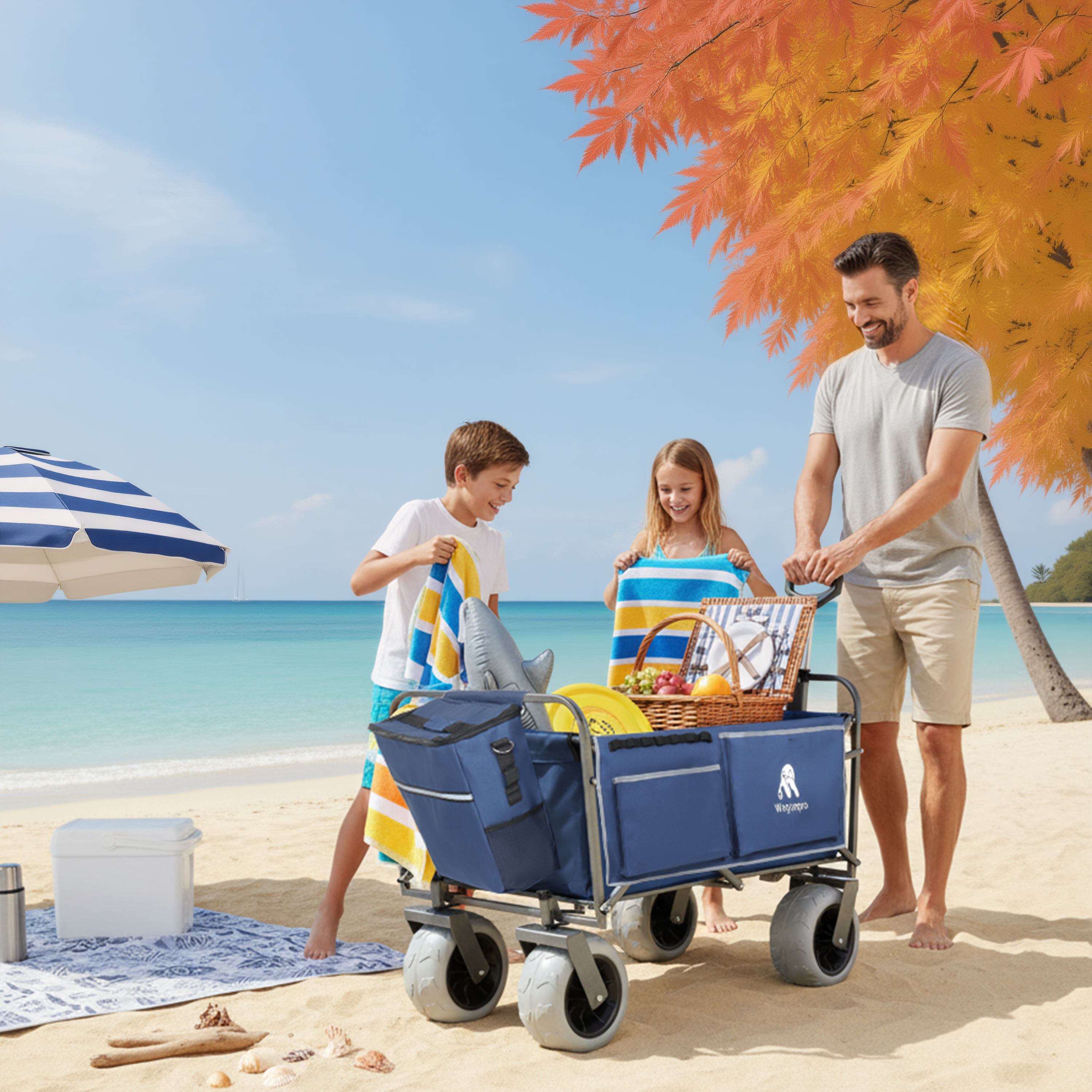 Beach Wagon With Big Wheels For Sand 500lbs Capacity - Patented Design, All Terrain Steel Frame Utility Cart With 9 Pneumatic Tires, Collapsible Folding Design ,strap With Multiuse Bag , Dark Blue 3