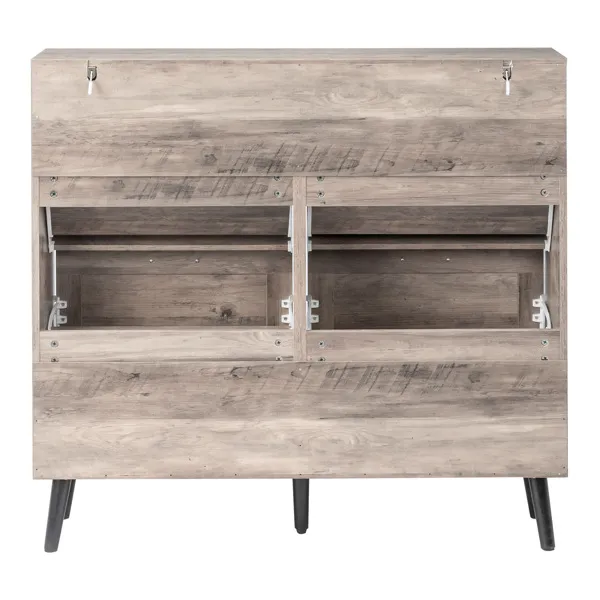 Barn Door With 4 Flip-down Drawers, Black Metal Single-sided Handle + Melamine Particleboard + Black Solid Wood Plastic-sealed Tapered Legs; Shoe Cabinet, 106*24*98cm, Washed Grey Finish 4