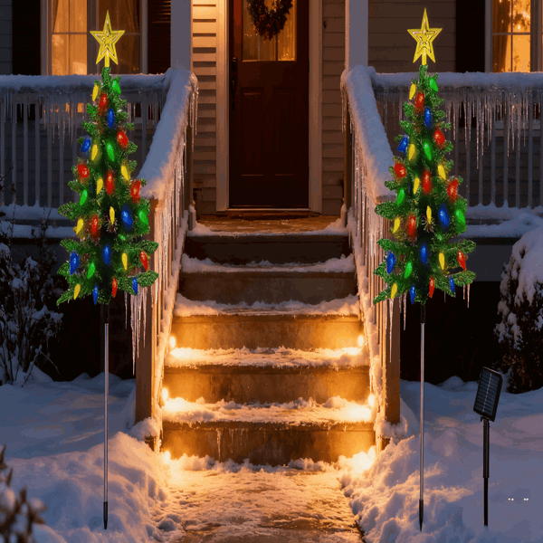 2Pack Solar Christmas Tree Lights 37.4in - 100 LED 4 Colors 8 Modes, IP44 Waterproof Outdoor Pathway Decor With Ornaments 4