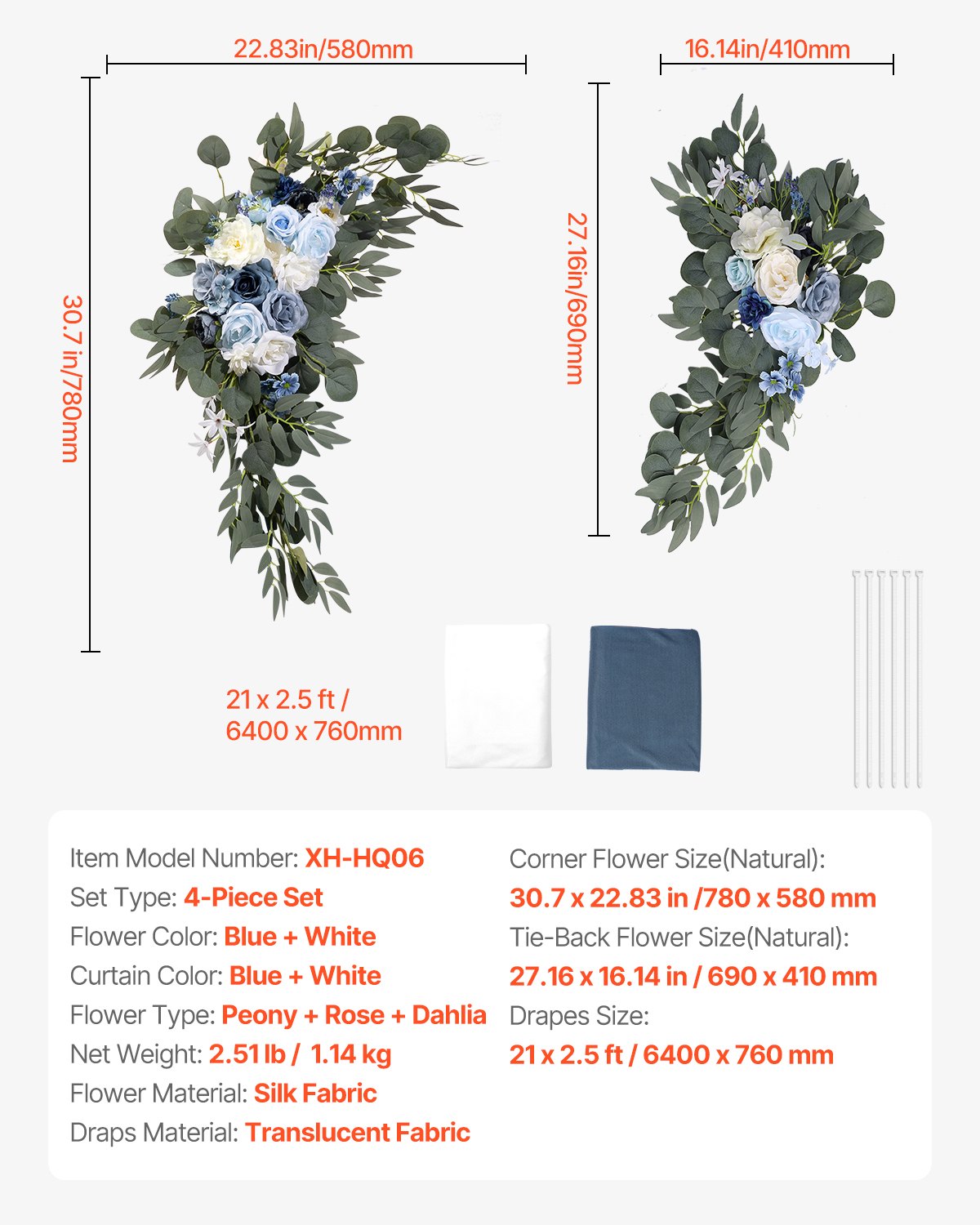 Kunstblumen-Set für Hochzeitsbögen – Blaue Blumenarrangements mit Vorhängen (4-teiliges Set) – 2 Blumenarrangements, 2 transparente Vorhänge_voghion.com