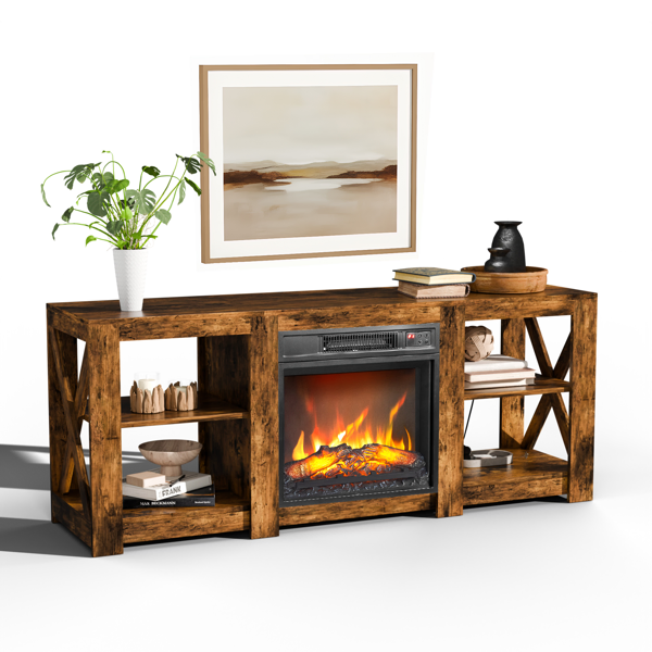 58 Inch Rot Wood Color Double-Sided Cross Fireplace Cabinet With 18 Inch Fireplace Core, 149 * 40 * 60cm…