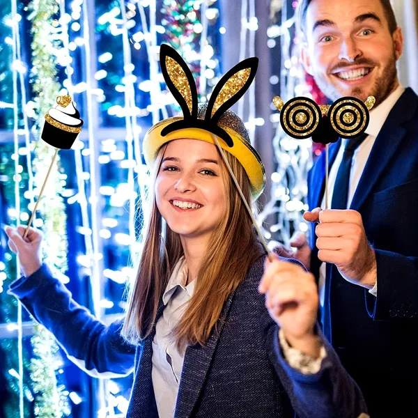 24 Pcs Party Photo Booth Props Party Picture Pose Supplies Gold And Black Kit For Birthday Weddings Graduation Prom New Year Party 4