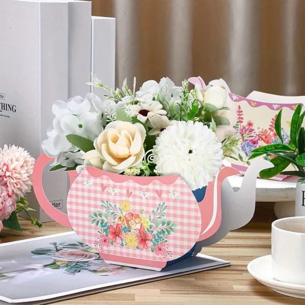 24Pcs Tea Party Table Centerpieces 4 Styles Teapot Shape Flower Box Double-Sided Pattern Paper Teapot Gift Box Spring Theme Princess Party Favor Table Floral Decoration