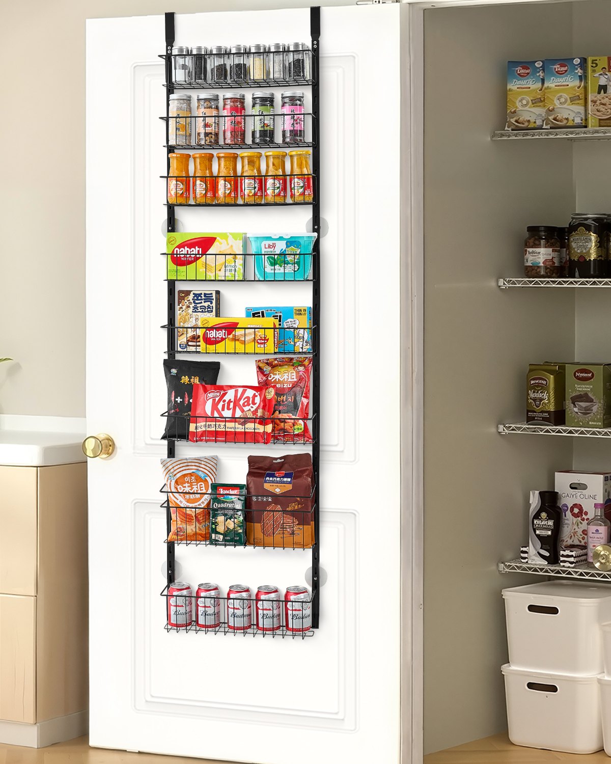 Vorratsschrank Speisekammer-Organizer Aufbewahrung Über Der Tür, 8-stufige Gewürzregale Zum Aufhängen Aus Stahl, Verstellbare Lagerregale Für Die Wand, Für Zuhause Küche Badezimmer, Schwarz