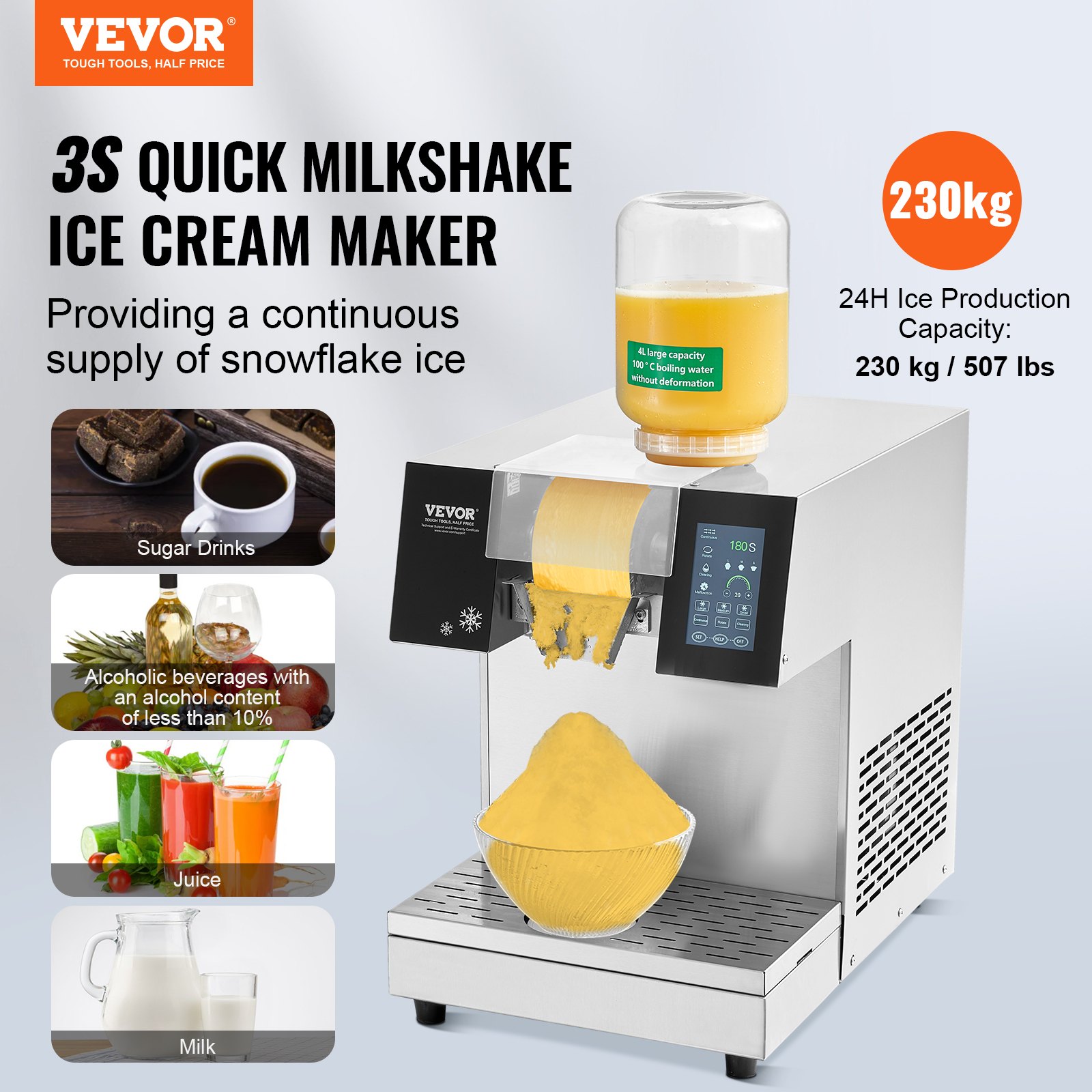 Kommerzielle Schneeflocken-Eismaschine Schneeeisbereiter, 230 Kg / 24 H Schneeflocken-Eismaschine, Edelstahl-Eisrasierer, Elektrischer Schneekegel-Maker Mit LuftkĂźhlsystem & Touch-LCD