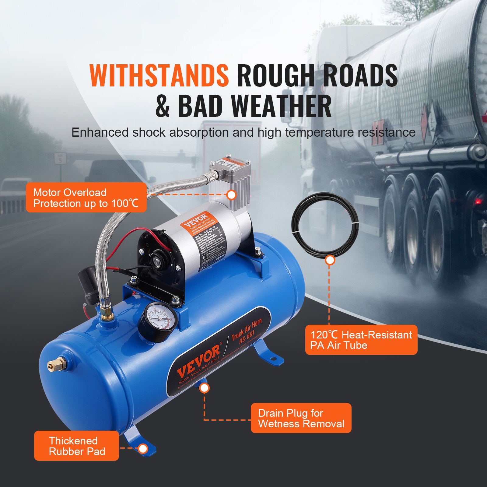 VEVOR 12V Air Compressor With 6L Tank, Train Horn Air Compressor Kit, 90-120 Psi Working Pressure, Integrated Air Compressor System_voghion.com