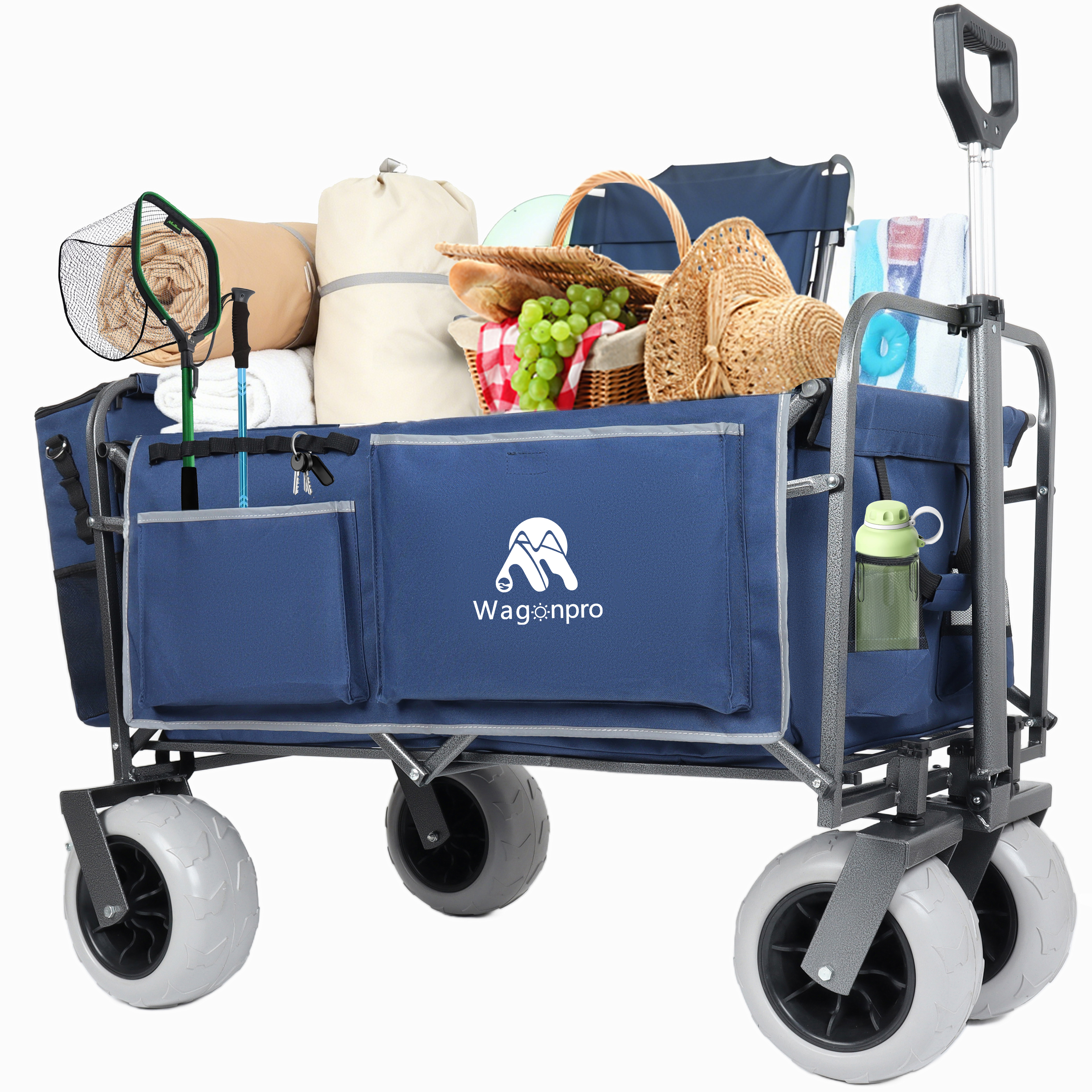 Beach Wagon With Big Wheels For Sand 500lbs Capacity - Patented Design, All Terrain Steel Frame Utility Cart With 9 Pneumatic Tires, Collapsible Folding Design ,strap With Multiuse Bag , Dark Blue