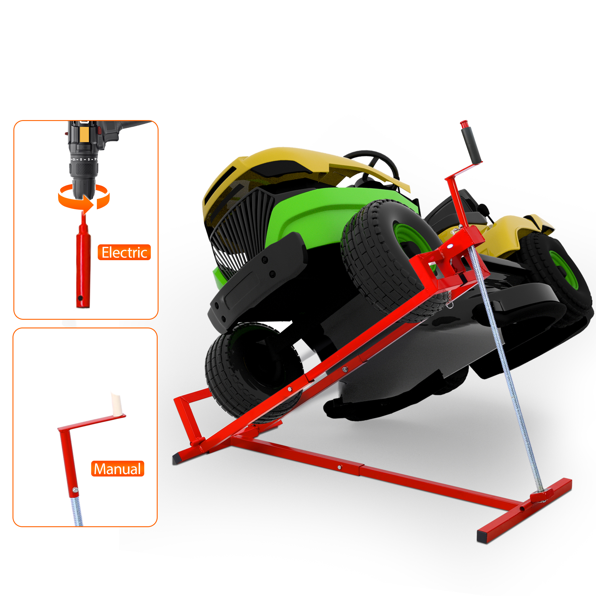 Heavy Duty Steel Riding Mower Lift, 880 Lbs Lawn Mower Lift Jack, Foldable Lawn Tractor Lift, Telescopic Maintenance Jack With Manual & Power Tool Handle For Lawn Mowers And Garden Tractors, Red 6