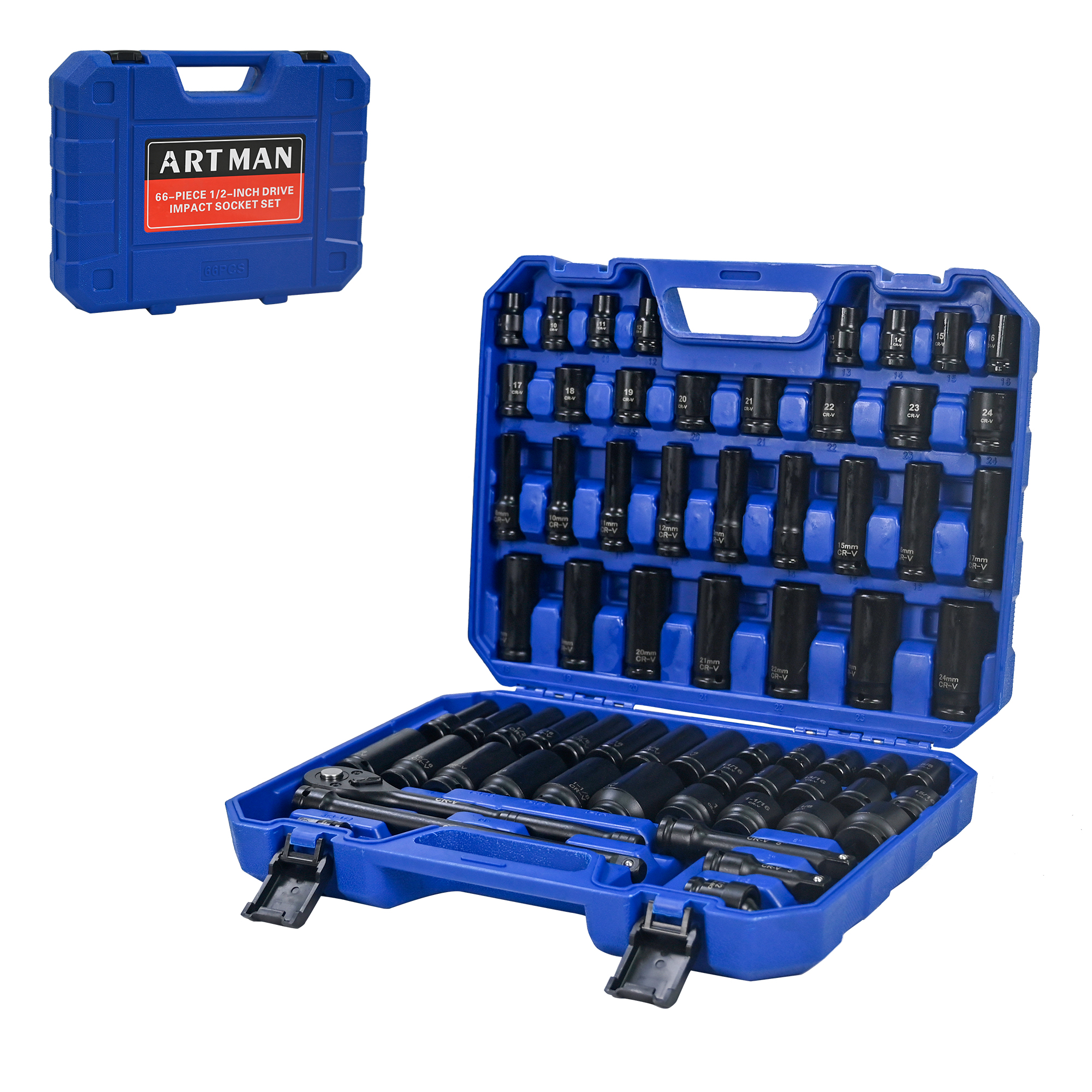 Air Tool And Accessories Kit, 66 Pieces, Long And Short Sets, Universal Short Sets, Extension Rods, Universal Connectors, Ratchet Wrenches, -Black,Blue - Image 1