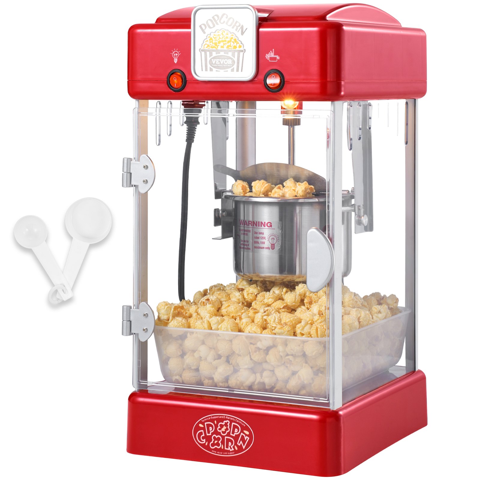 Popcornmaschine – 300 W, 70-ml-Wasserkessel für 4 Liter Popcorn pro Portion, Tischgerät mit PP-Tür, inklusive 2 Spateln und Tablett, Kino-Design, Rot_voghion.com