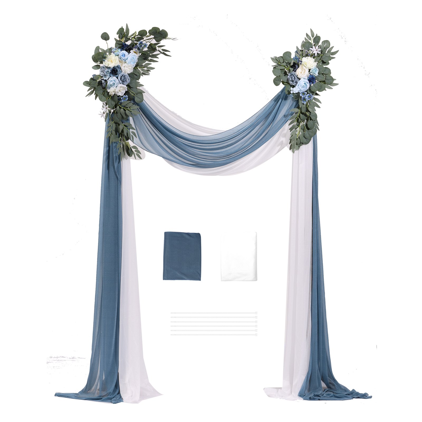 Kunstblumen-Set für Hochzeitsbögen – Blaue Blumenarrangements mit Vorhängen (4-teiliges Set) – 2 Blumenarrangements, 2 transparente Vorhänge_voghion.com