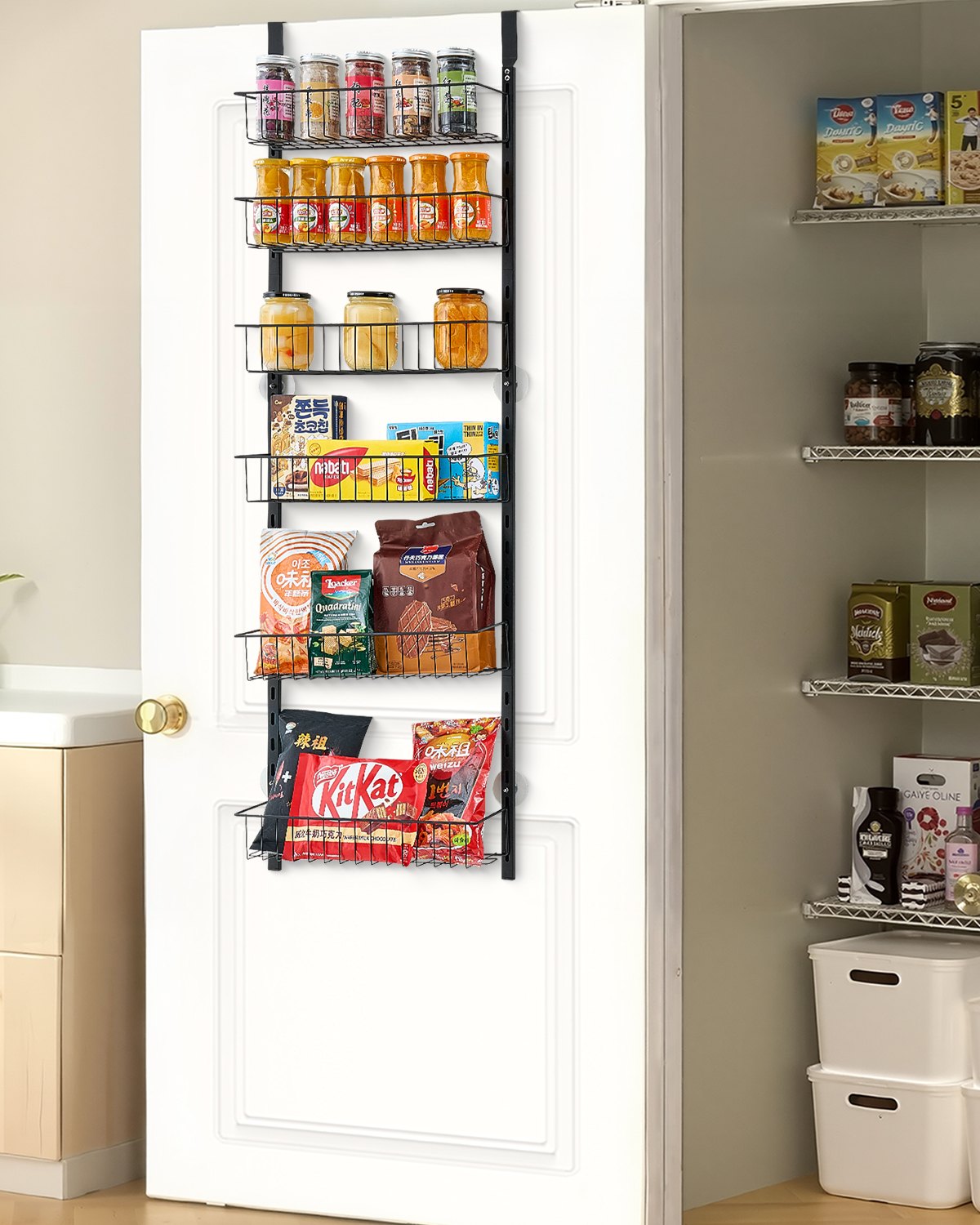 Vorratsschrank Speisekammer-Organizer Aufbewahrung Über Der Tür, 6-stufige Gewürzregale Zum Aufhängen Aus Stahl, Verstellbare Lagerregale Für Die Wand, Für Zuhause Küche Badezimmer, Schwarz