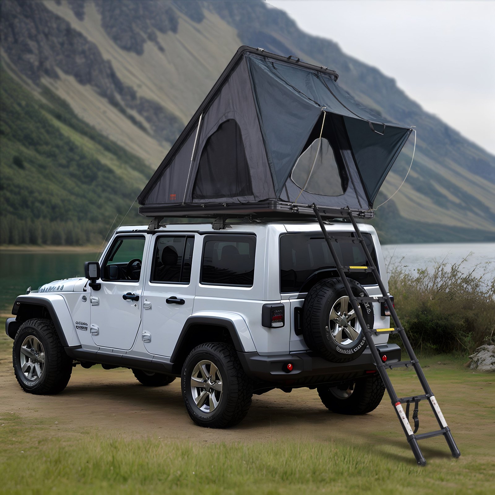 Dachzelt Mit Hartschale Autozelt Camping FĂźr 2â3 Personen, Hartschalen-Dachzelt Mit Verstellbarer Teleskopleiter, Dicker Matratze Wasserdicht Winddicht FĂźr Jeep SUV Van Pickup Dreieckig Schwarz
