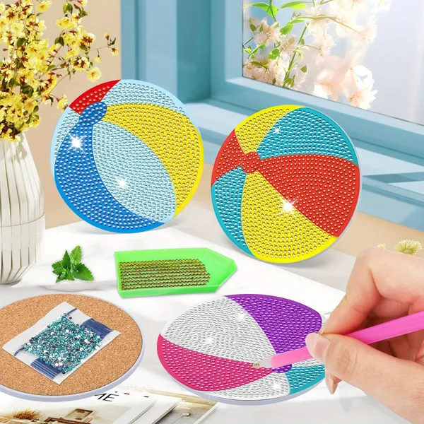 6 Pack Beach Balls Rhinestones Art Painting Coaster Kit Summer Holiday DIY Rhinestones Painting Coasters With Holder Cute Non Slip Coaster Art Supplies For Adults Cup Mat For House Warming Gifts