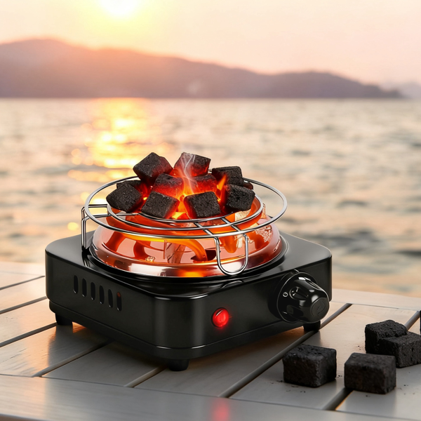 Electric Charcoal Burner For Hookah - 500W Fast Heating, 5 Temperature Gears, Thermostat Safety & Stainless Steel Coil, Bonus Accessories For Outdoor/Indoor Use