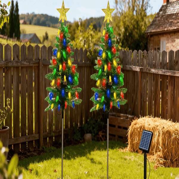 2Pack Solar Christmas Tree Lights 37.4in - 100 LED 4 Colors 8 Modes, IP44 Waterproof Outdoor Pathway Decor With Ornaments 3