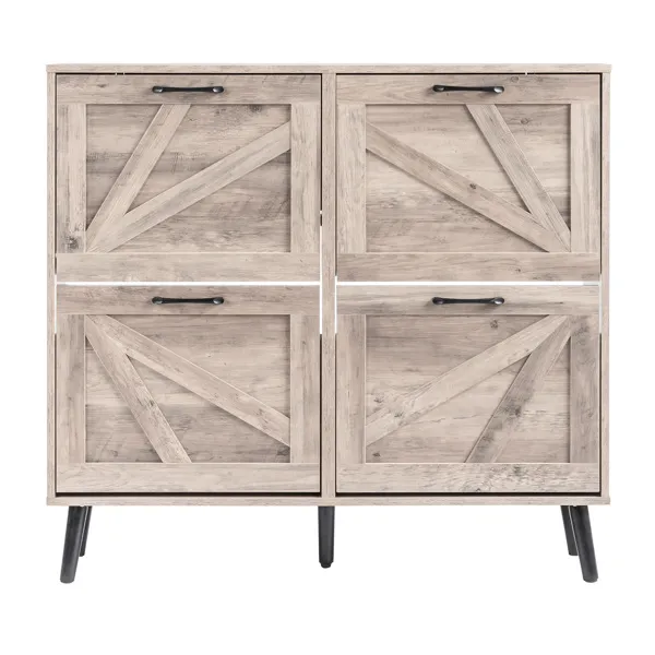 Barn Door With 4 Flip-down Drawers, Black Metal Single-sided Handle + Melamine Particleboard + Black Solid Wood Plastic-sealed Tapered Legs; Shoe Cabinet, 106*24*98cm, Washed Grey Finish 5